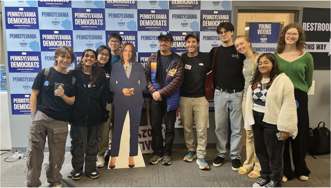 Determined Democrats: Members of the Young Democrats club pose with a cutout of Kamala Harris at the Pennsylvania Young Democrats headquarters. They spent the 2024 presidential campaign season supporting and canvassing for Harris. In the future, they hope to expand the club and connect with other schools through the High School Democrats of Pennsylvania.